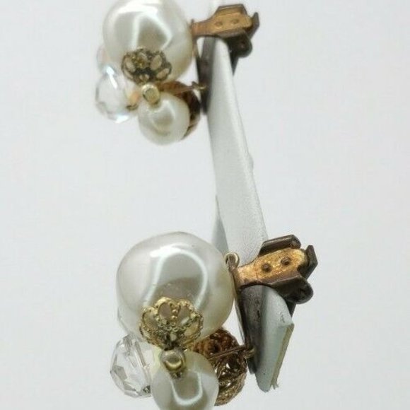 Earrings Clip On Faux Pearl AB Rhinestone Vintage - Picture 12 of 12